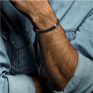 LINK UP Black Braided Leather Bracelet Stainless Steel Magnetic Adjustable $125